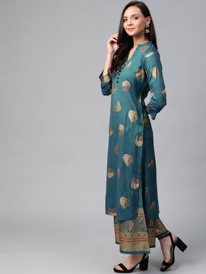 Teal blue and golden printed kurta with palazzos Set 3