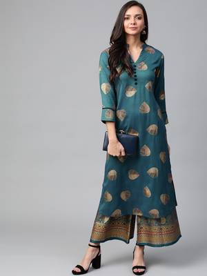 Teal blue and golden printed kurta with palazzos Set 4