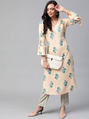 Peach-Coloured and green printed kurta with trousers Set 1