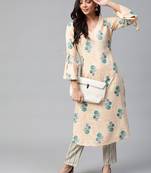 Peach-Coloured and green printed kurta with trousers Set