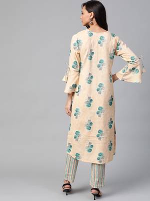 Peach-Coloured and green printed kurta with trousers Set 2