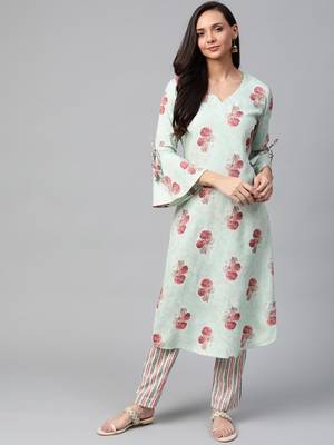 Sea green and maroon printed kurta with palazzos Set 1