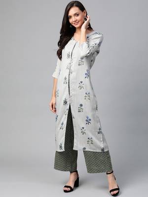 Grey and green printed layered kurta with palazzos set 1