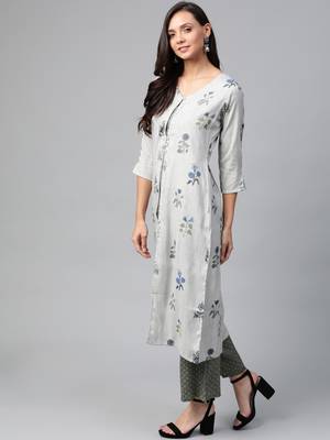 Grey and green printed layered kurta with palazzos set 3