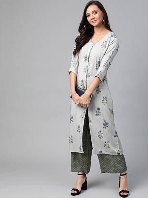 Grey and green printed layered kurta with palazzos set 5