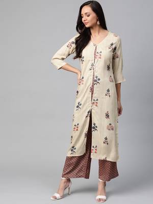 Cream-Coloured and maroon printed kurta with palazzos set 1
