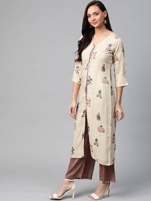Cream-Coloured and maroon printed kurta with palazzos set 4