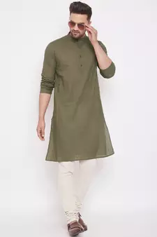 Green solid cotton men-kurtas