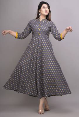 Grey Gold Printed Cotton Blend Flared Kurti 1