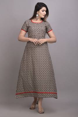 Brown Printed Cotton Hand Wrok A-line Kurti 1