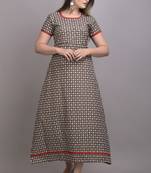 Brown Printed Cotton Hand Wrok A-line Kurti