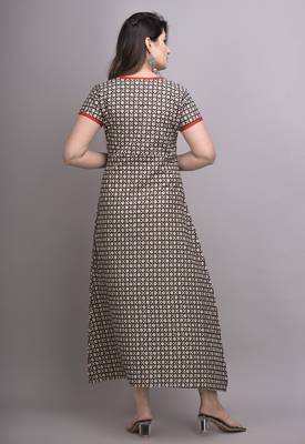 Brown Printed Cotton Hand Wrok A-line Kurti 2