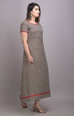 Brown Printed Cotton Hand Wrok A-line Kurti 3