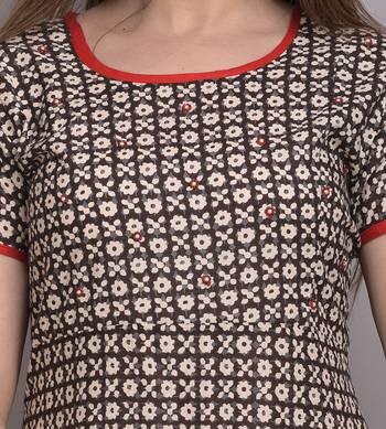 Brown Printed Cotton Hand Wrok A-line Kurti 4