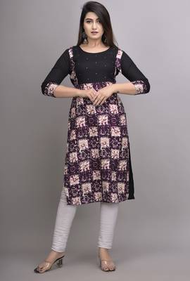 Purple Printed Handwork Rayon Straight Kurti 1