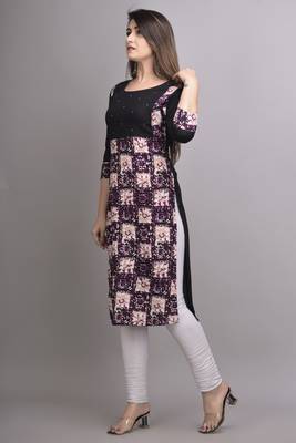 Purple Printed Handwork Rayon Straight Kurti 3