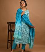 Turquoise floral print cotton salwar