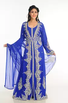 Blue Zari Work Stones & Beads Embellish Georgette  Islamic Style Arabian Maxi Partywear Kaftan