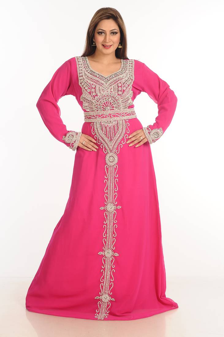 Pink Zari Work Stones & Beads Embellish Georgette  Islamic Style Arabian Maxi Partywear Kaftan