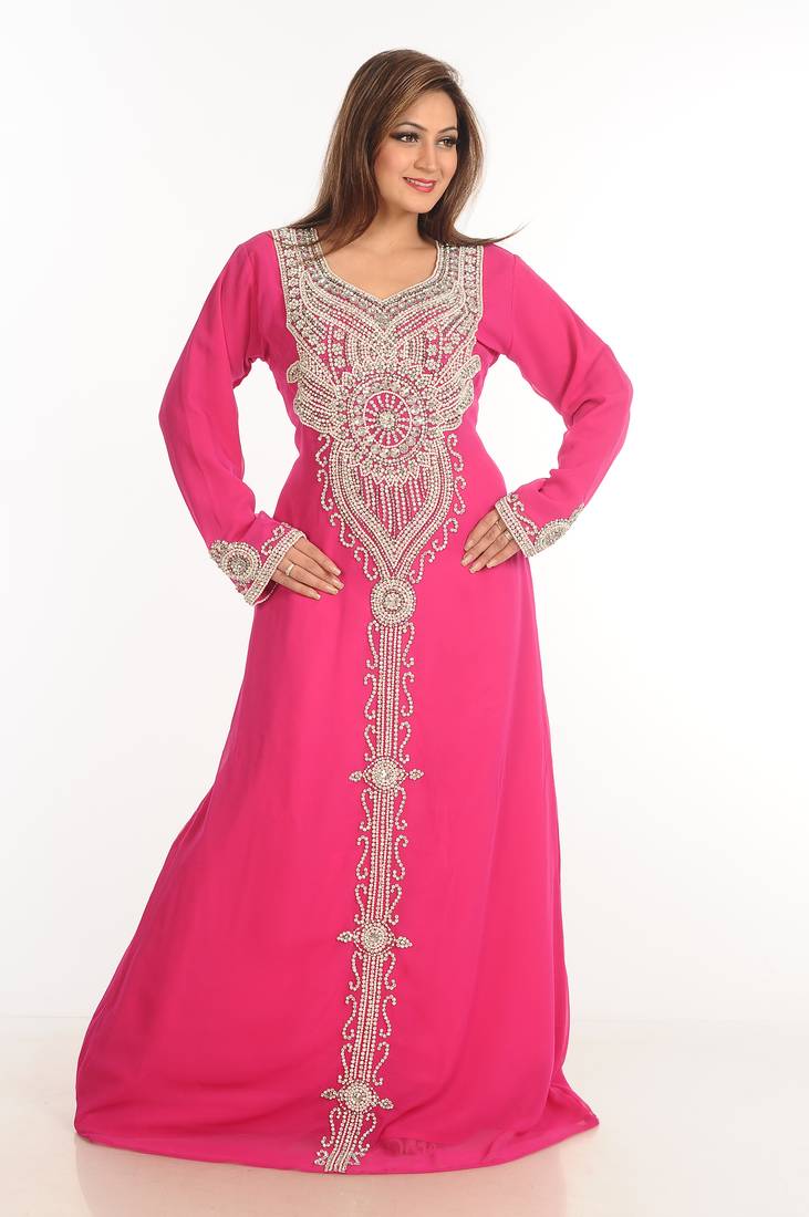 Pink Zari Work Stones & Beads Embellish Georgette  Islamic Style Arabian Maxi Partywear Kaftan