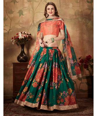 Green Floral Printed Designer Wedding Organza Lehenga Choli with Dupatta for Women 1
