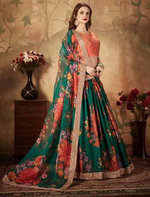 Green Floral Printed Designer Wedding Organza Lehenga Choli with Dupatta for Women 2