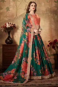 Green Floral Printed Designer Wedding Organza Lehenga Choli with Dupatta for Women