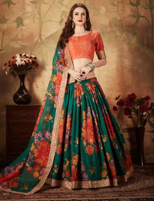 Green Floral Printed Designer Wedding Organza Lehenga Choli with Dupatta for Women 3