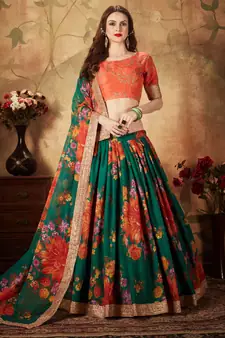 Green Floral Printed Designer Wedding Organza Lehenga Choli with Dupatta for Women
