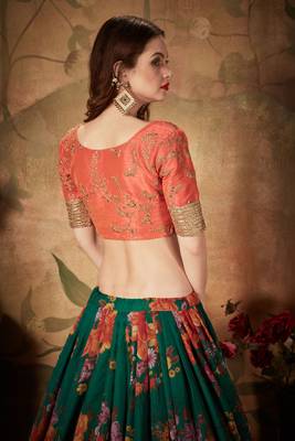 Green Floral Printed Designer Wedding Organza Lehenga Choli with Dupatta for Women 5