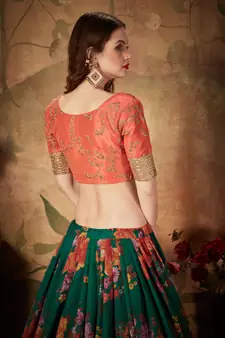 Green Floral Printed Designer Wedding Organza Lehenga Choli with Dupatta for Women
