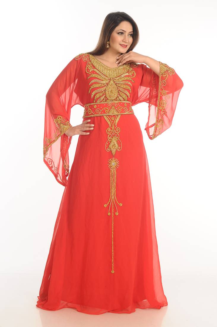 Red Zari Work Georgette Islamic Style Party Wear Stones And Beads Embedded Arabian Kaftan