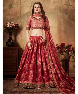 maroon floral print organza lehenga with fully embroidered top and dupatta 1