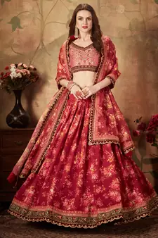 maroon floral print organza lehenga with fully embroidered top and dupatta