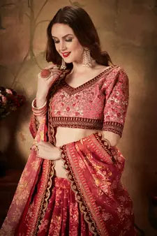 maroon floral print organza lehenga with fully embroidered top and dupatta