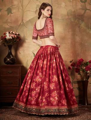 maroon floral print organza lehenga with fully embroidered top and dupatta 4