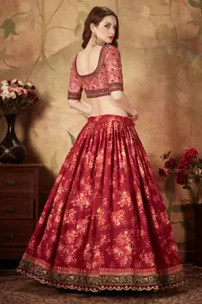 maroon floral print organza lehenga with fully embroidered top and dupatta