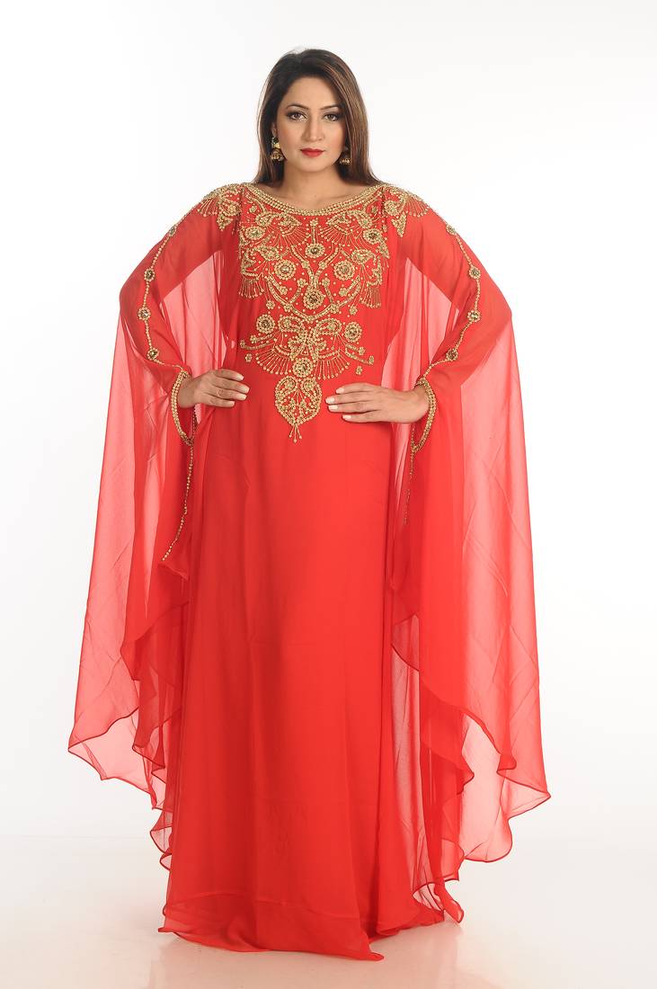 Red Zari Work Georgette Islamic Style Party Wear Stones And Beads Embedded Arabian Kaftan