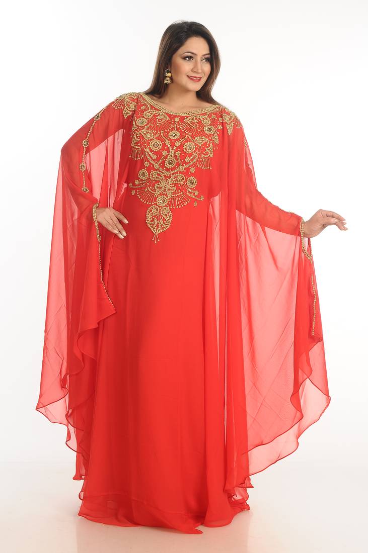 Red Zari Work Georgette Islamic Style Party Wear Stones And Beads Embedded Arabian Kaftan