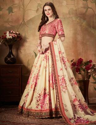 Beige and Pink Organza Floral Printed Lehenga  2