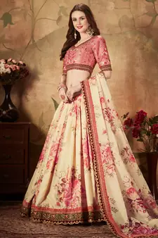 Beige and Pink Organza Floral Printed Lehenga 
