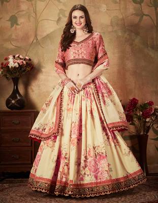 Beige and Pink Organza Floral Printed Lehenga  3