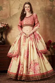 Beige and Pink Organza Floral Printed Lehenga 