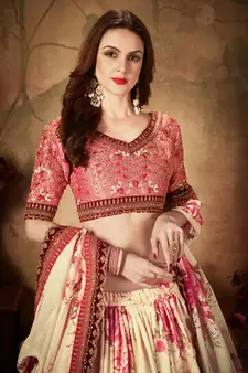 Beige and Pink Organza Floral Printed Lehenga 
