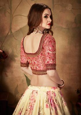 Beige and Pink Organza Floral Printed Lehenga  5
