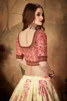 Beige and Pink Organza Floral Printed Lehenga 