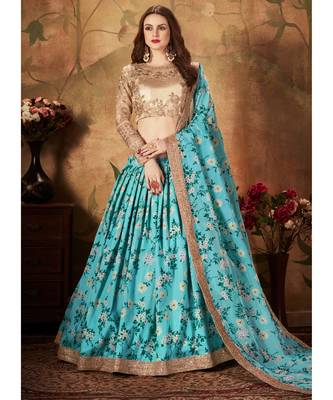 sky blue floral printed wedding lehenga set choli with dupatta for women stylish 1