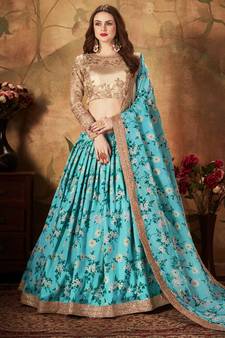 Stunning Sky-Blue Floral Printed Wedding Designer Lehenga Choli for Women Stylish