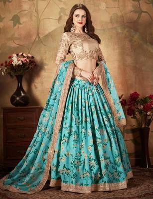 sky blue floral printed wedding lehenga set choli with dupatta for women stylish 3