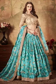 sky blue floral printed wedding lehenga set choli with dupatta for women stylish
